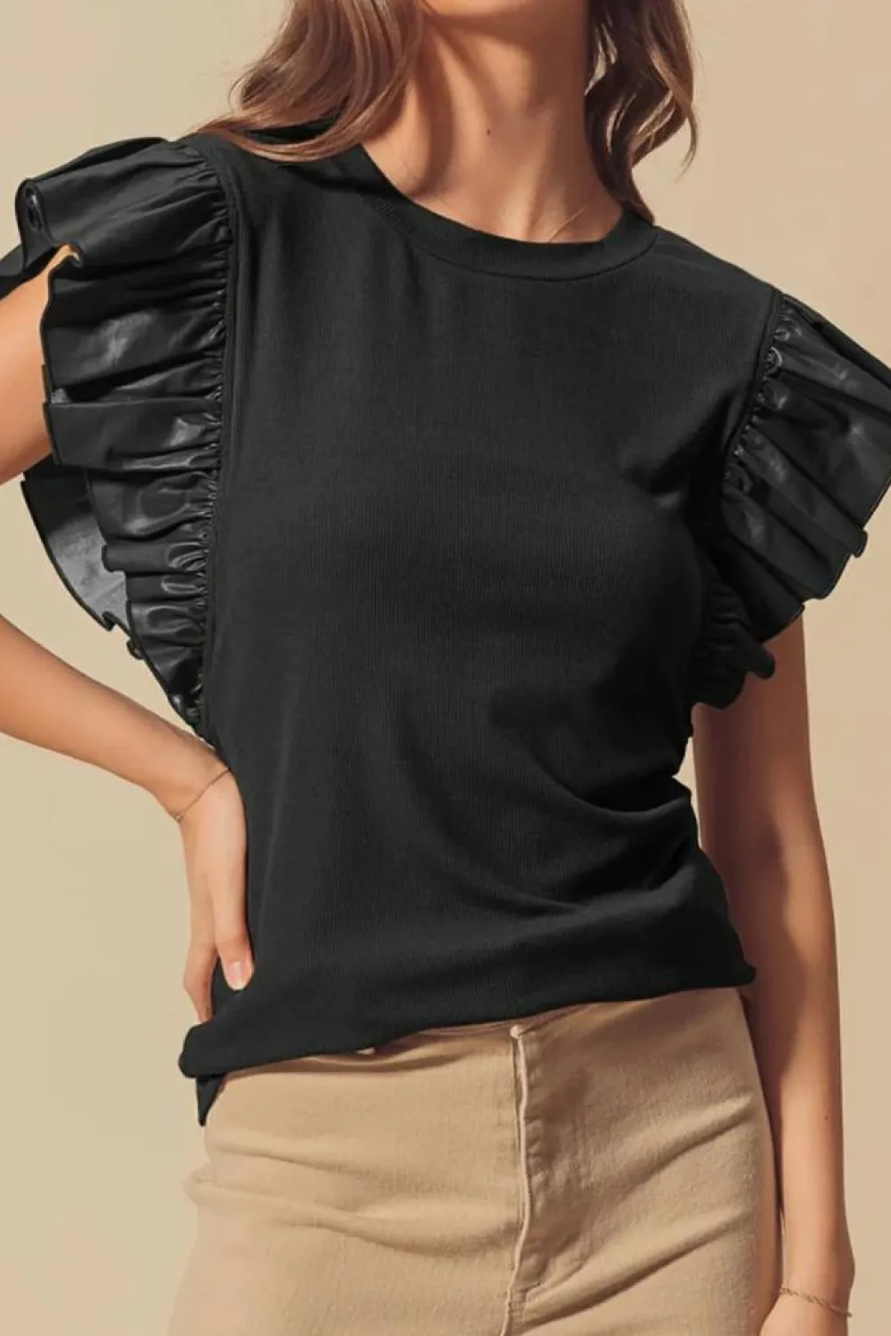 Outlet Dear-Lover Leather Ruffle Sleeve Patchwork Round Neck Blouse Black