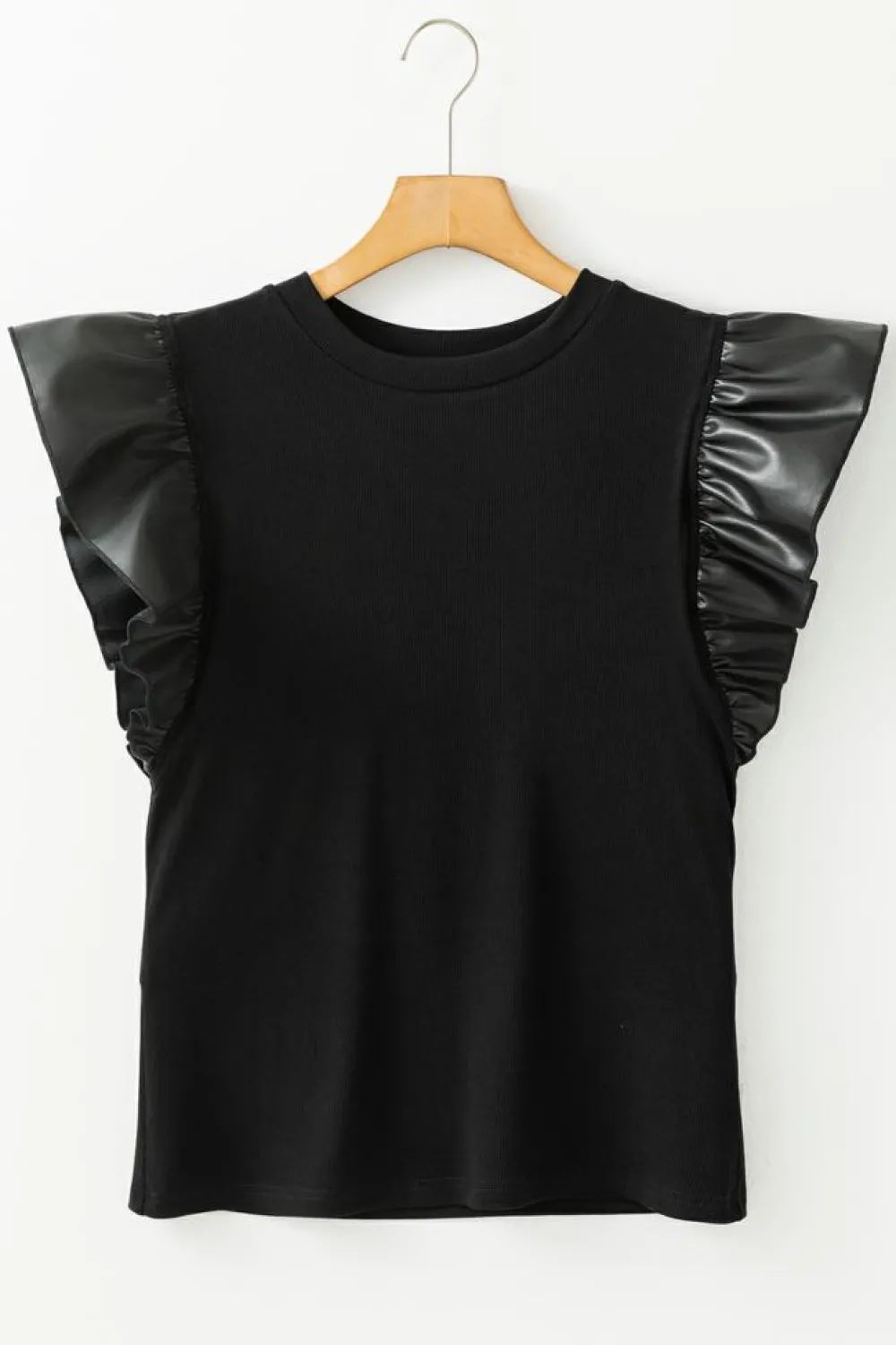 Outlet Dear-Lover Leather Ruffle Sleeve Patchwork Round Neck Blouse Black