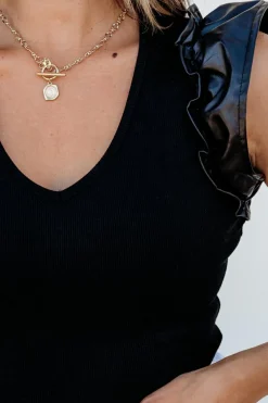Fashion Dear-Lover Leatherette Ruffle Patchwork Ribbed V Neck Bodysuit Black