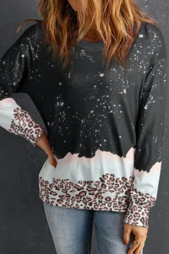 Sale Dear-Lover Leopard Bleached Pullover Sweatshirt Black