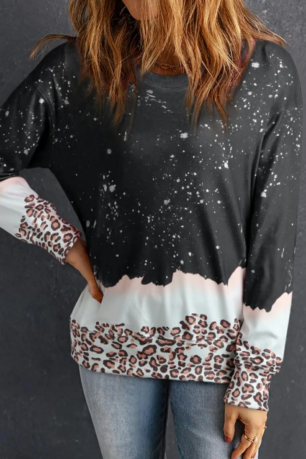 Sale Dear-Lover Leopard Bleached Pullover Sweatshirt Black