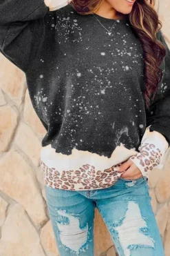 Sale Dear-Lover Leopard Bleached Pullover Sweatshirt Black
