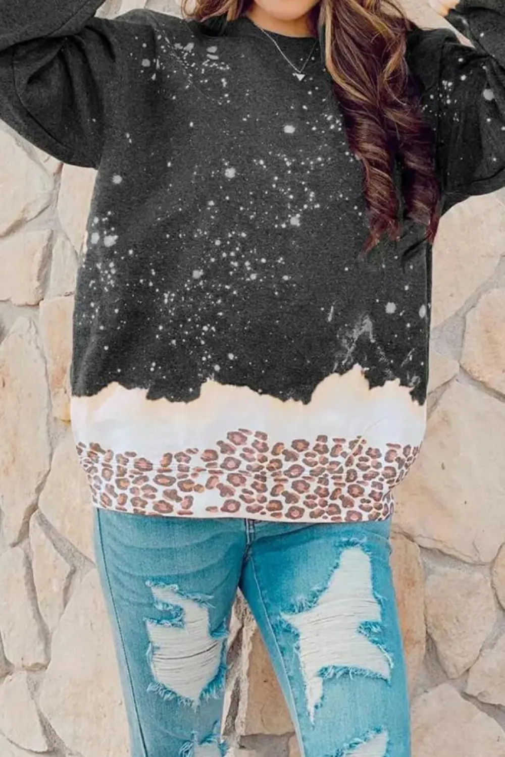 Sale Dear-Lover Leopard Bleached Pullover Sweatshirt Black