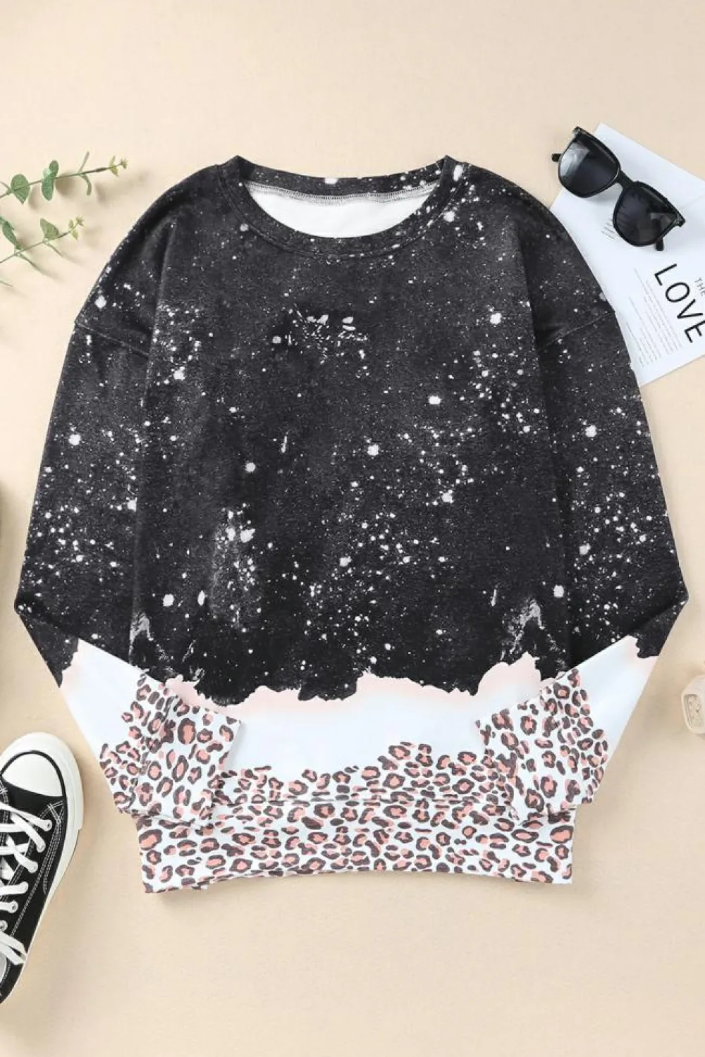 Sale Dear-Lover Leopard Bleached Pullover Sweatshirt Black