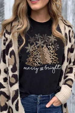 Sale Dear-Lover Leopard Christmas Tree Graphic Crew Neck T Shirt Black