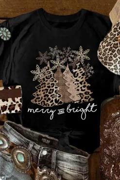 Sale Dear-Lover Leopard Christmas Tree Graphic Crew Neck T Shirt Black