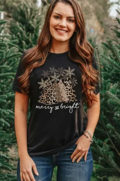Sale Dear-Lover Leopard Christmas Tree Graphic Crew Neck T Shirt Black