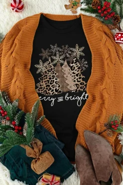 Sale Dear-Lover Leopard Christmas Tree Graphic Crew Neck T Shirt Black
