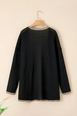 Online Dear-Lover Leopard Contrast Waffle Knit Open Front Cardigan Black
