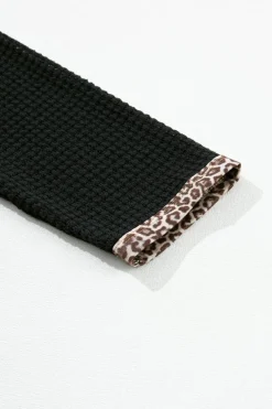 Online Dear-Lover Leopard Contrast Waffle Knit Open Front Cardigan Black