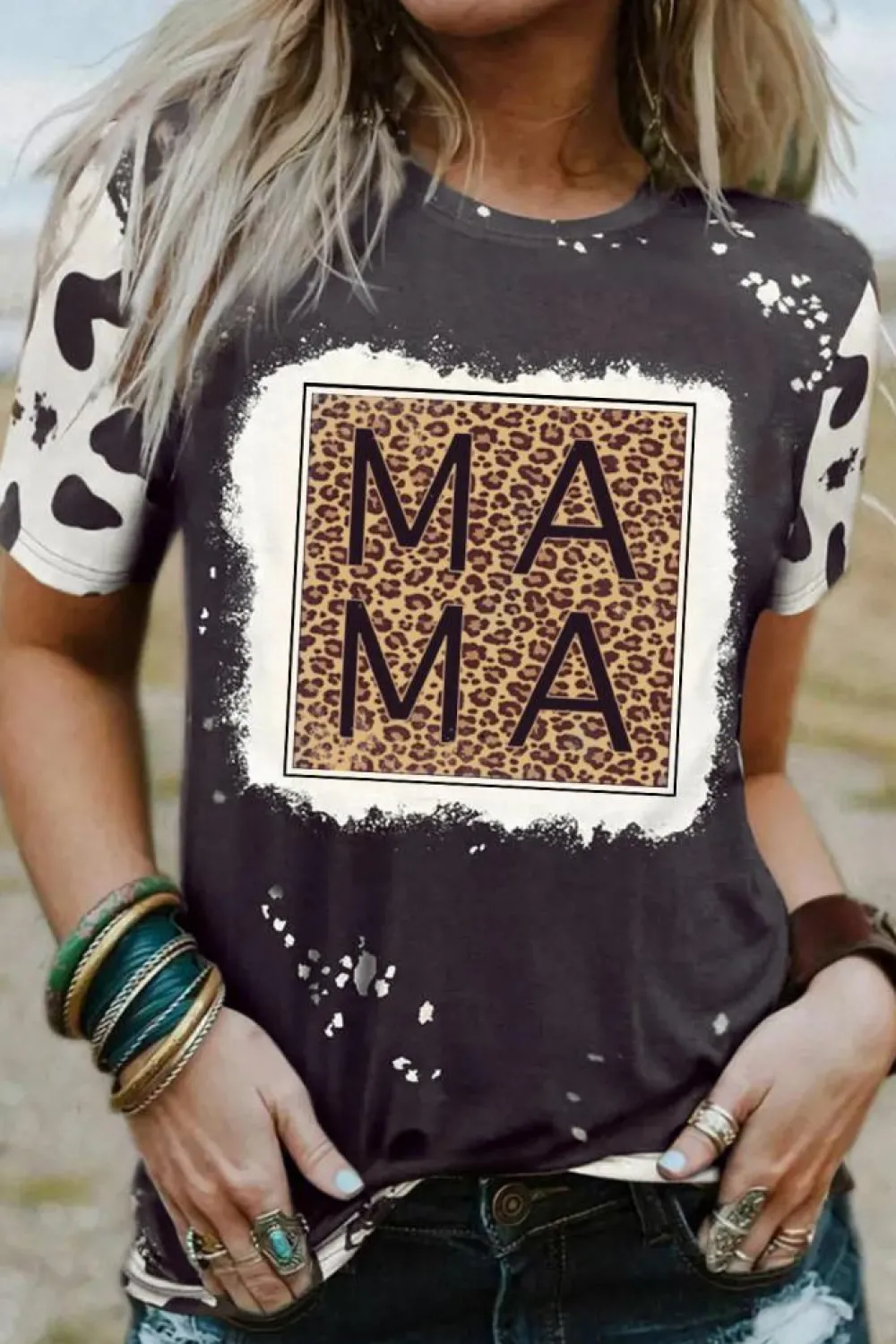 Online Dear-Lover Leopard MAMA Graphic Tie Dye Casual Tee Black