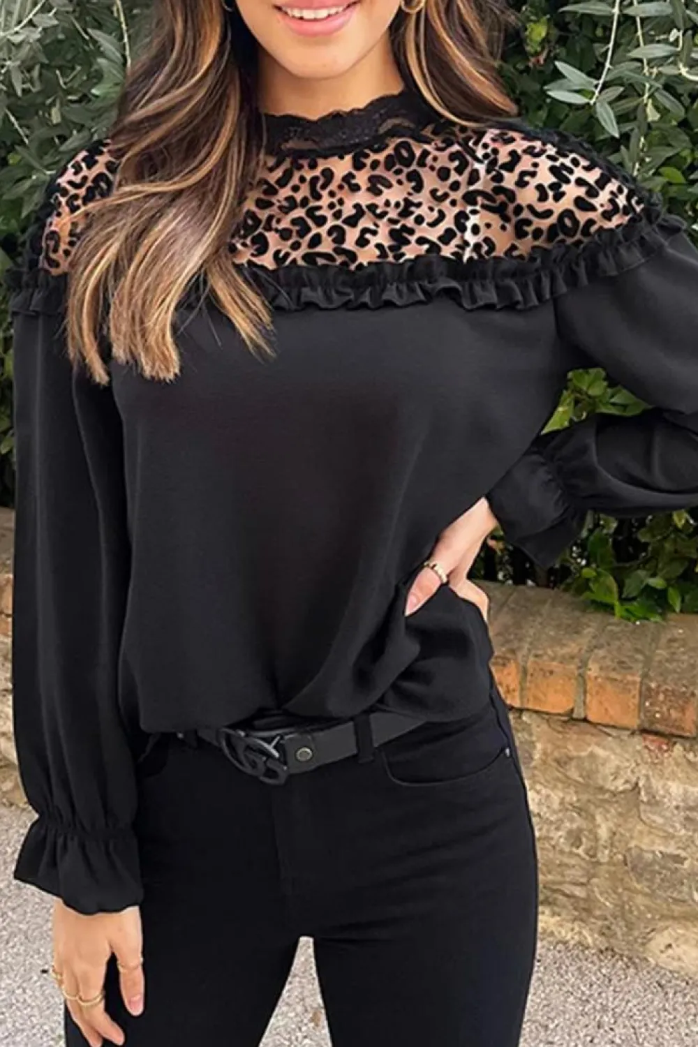 Fashion Dear-Lover Leopard Mesh Splicing Ruffle Long Sleeve Blouse Black