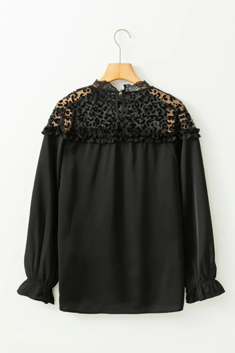 Fashion Dear-Lover Leopard Mesh Splicing Ruffle Long Sleeve Blouse Black