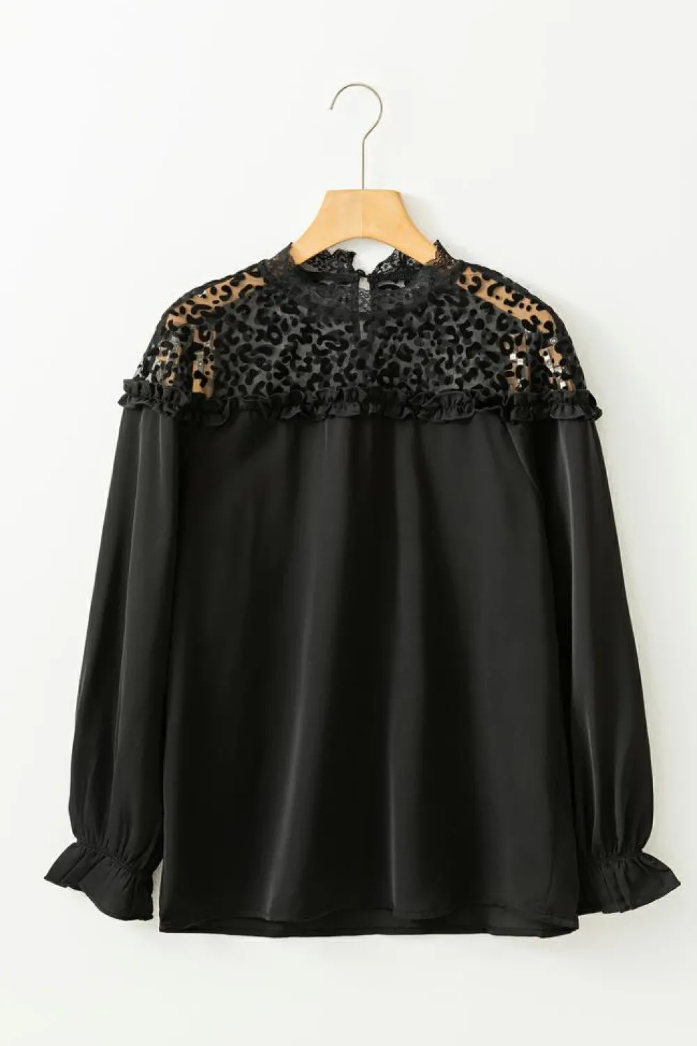Fashion Dear-Lover Leopard Mesh Splicing Ruffle Long Sleeve Blouse Black