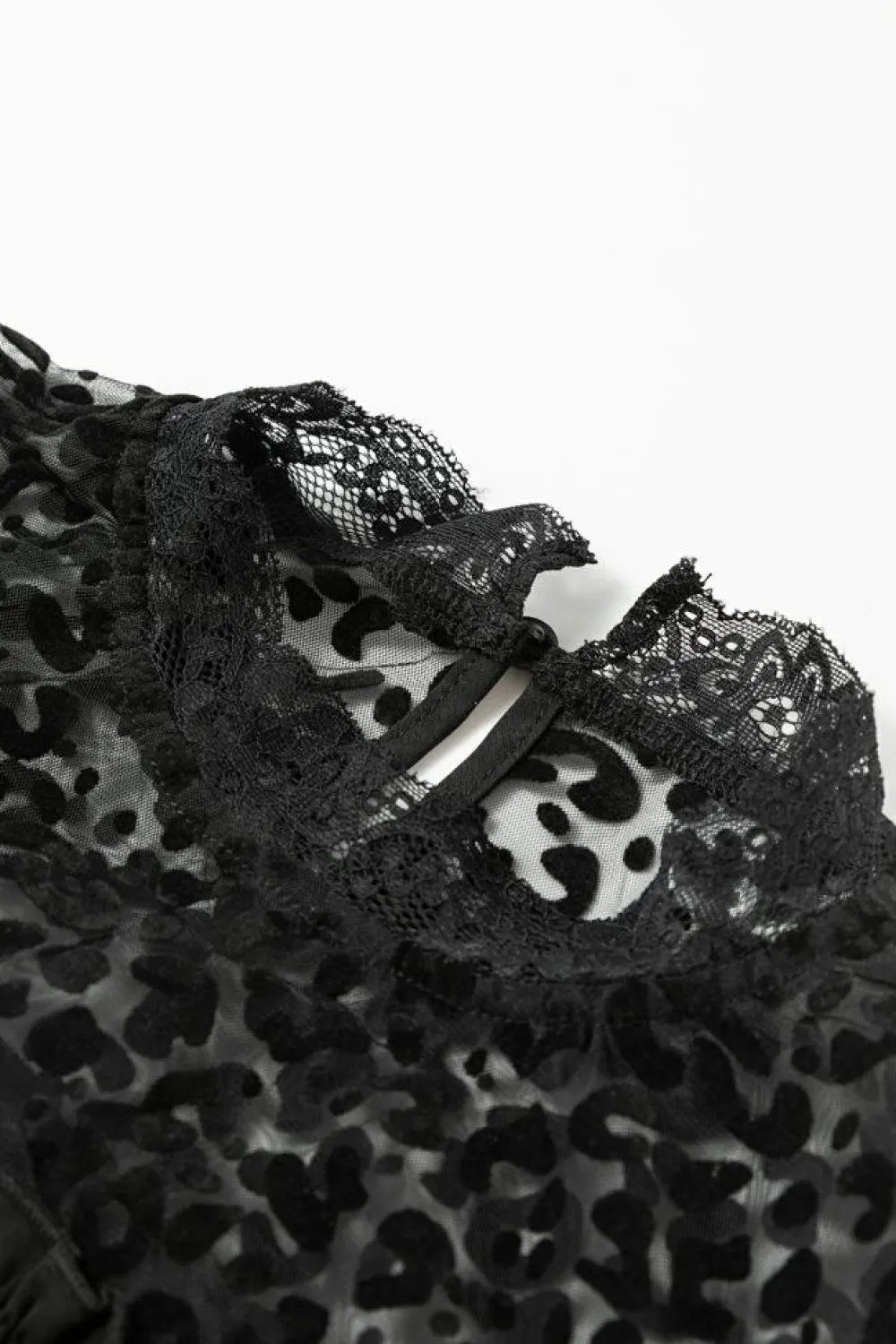Fashion Dear-Lover Leopard Mesh Splicing Ruffle Long Sleeve Blouse Black