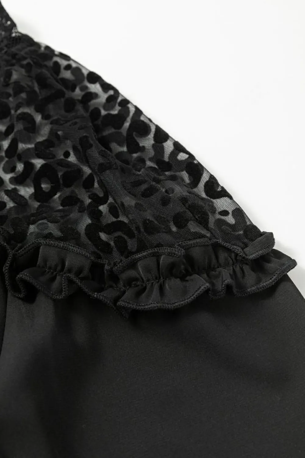 Fashion Dear-Lover Leopard Mesh Splicing Ruffle Long Sleeve Blouse Black