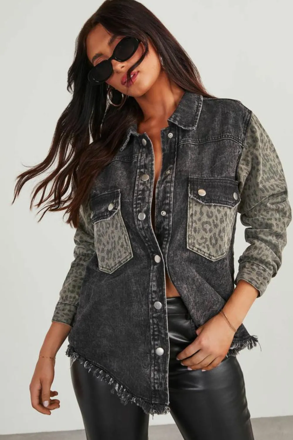 Best Dear-Lover Leopard Patch Pocket Vintage Raw Hem Denim Jacket Black