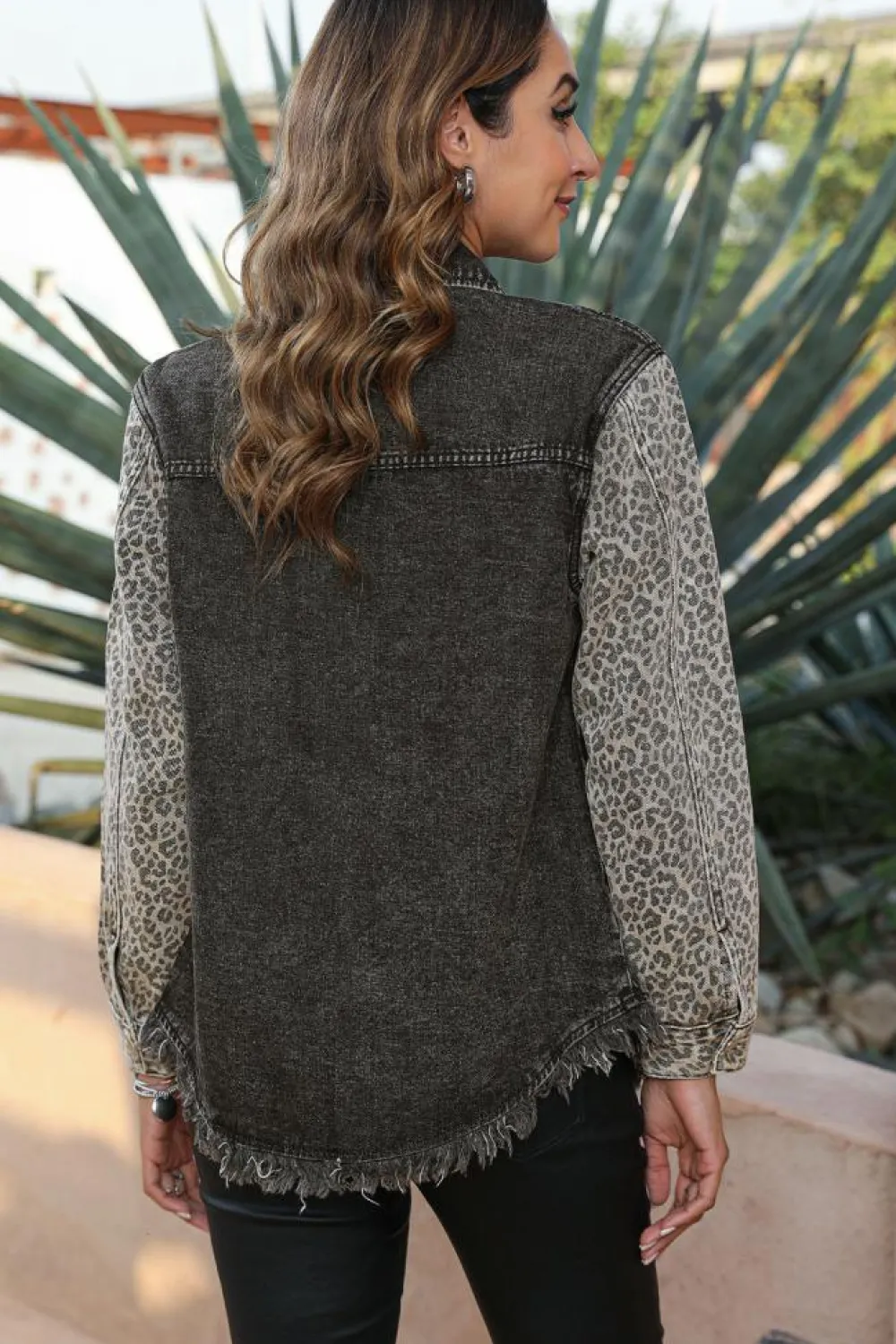 Best Dear-Lover Leopard Patch Pocket Vintage Raw Hem Denim Jacket Black