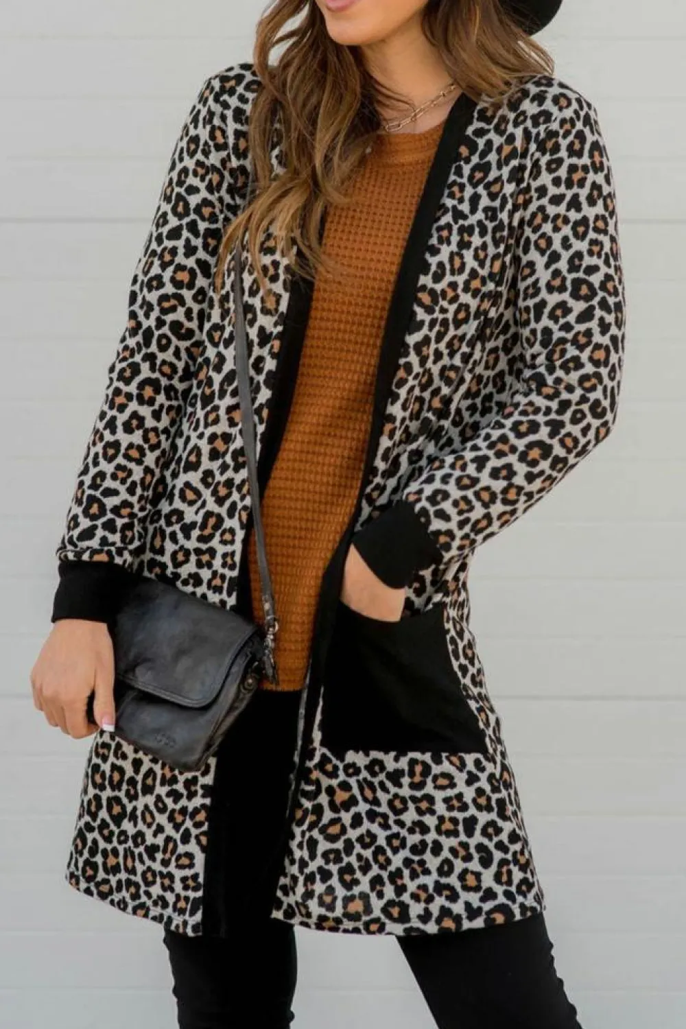 Sale Dear-Lover Leopard Patched Pocket Open Front Cardigan Black