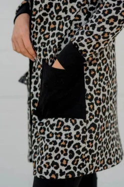 Sale Dear-Lover Leopard Patched Pocket Open Front Cardigan Black