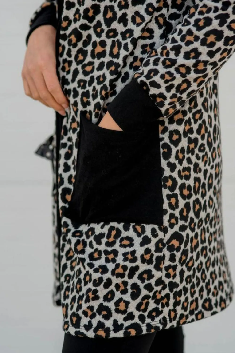 Sale Dear-Lover Leopard Patched Pocket Open Front Cardigan Black
