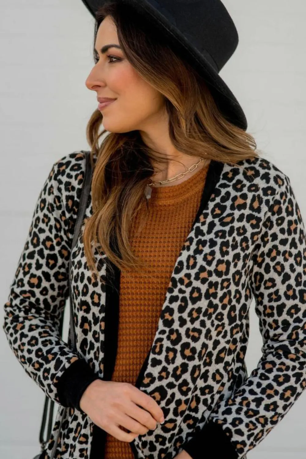 Sale Dear-Lover Leopard Patched Pocket Open Front Cardigan Black