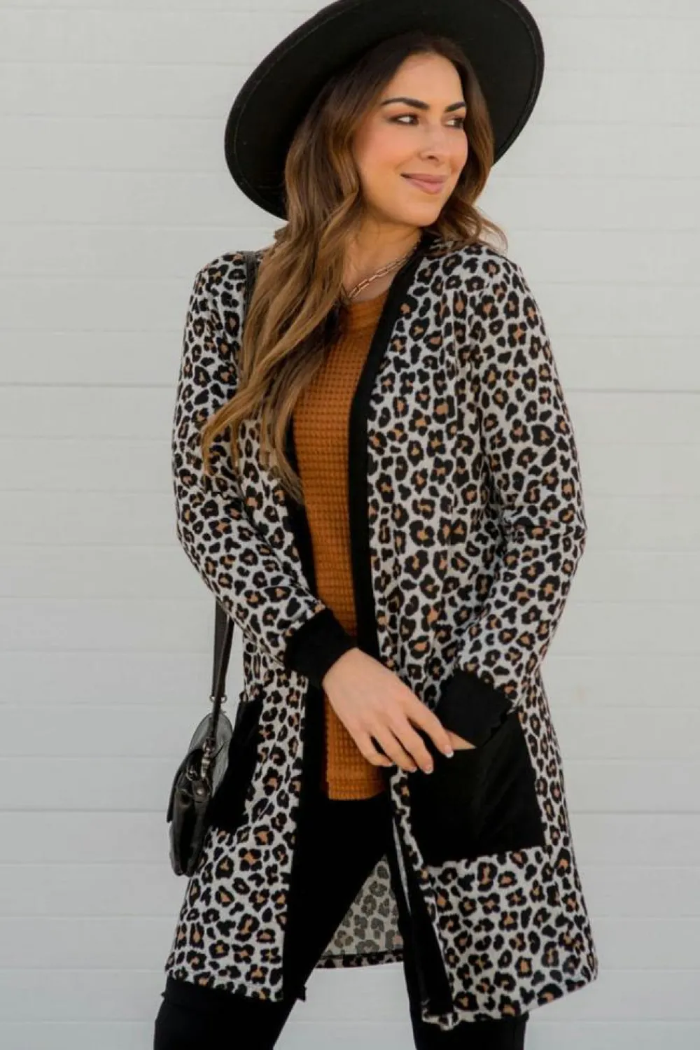 Sale Dear-Lover Leopard Patched Pocket Open Front Cardigan Black