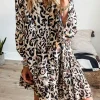 Online Dear-Lover Leopard Print Buttoned Front 3/4 Sleeve Tiered Ruffled Hem Dress Black