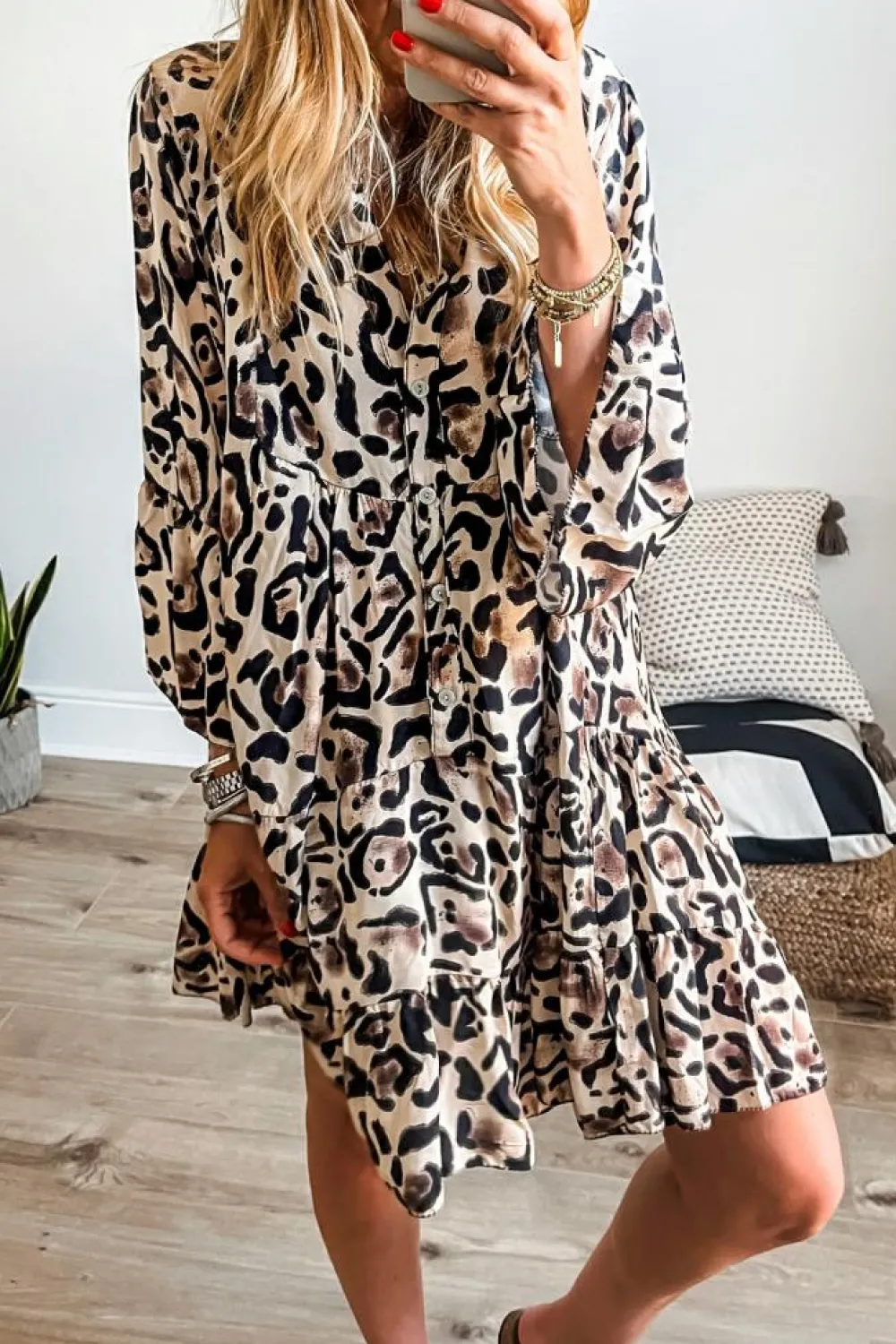 Online Dear-Lover Leopard Print Buttoned Front 3/4 Sleeve Tiered Ruffled Hem Dress Black