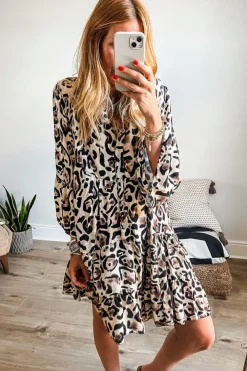 Online Dear-Lover Leopard Print Buttoned Front 3/4 Sleeve Tiered Ruffled Hem Dress Black