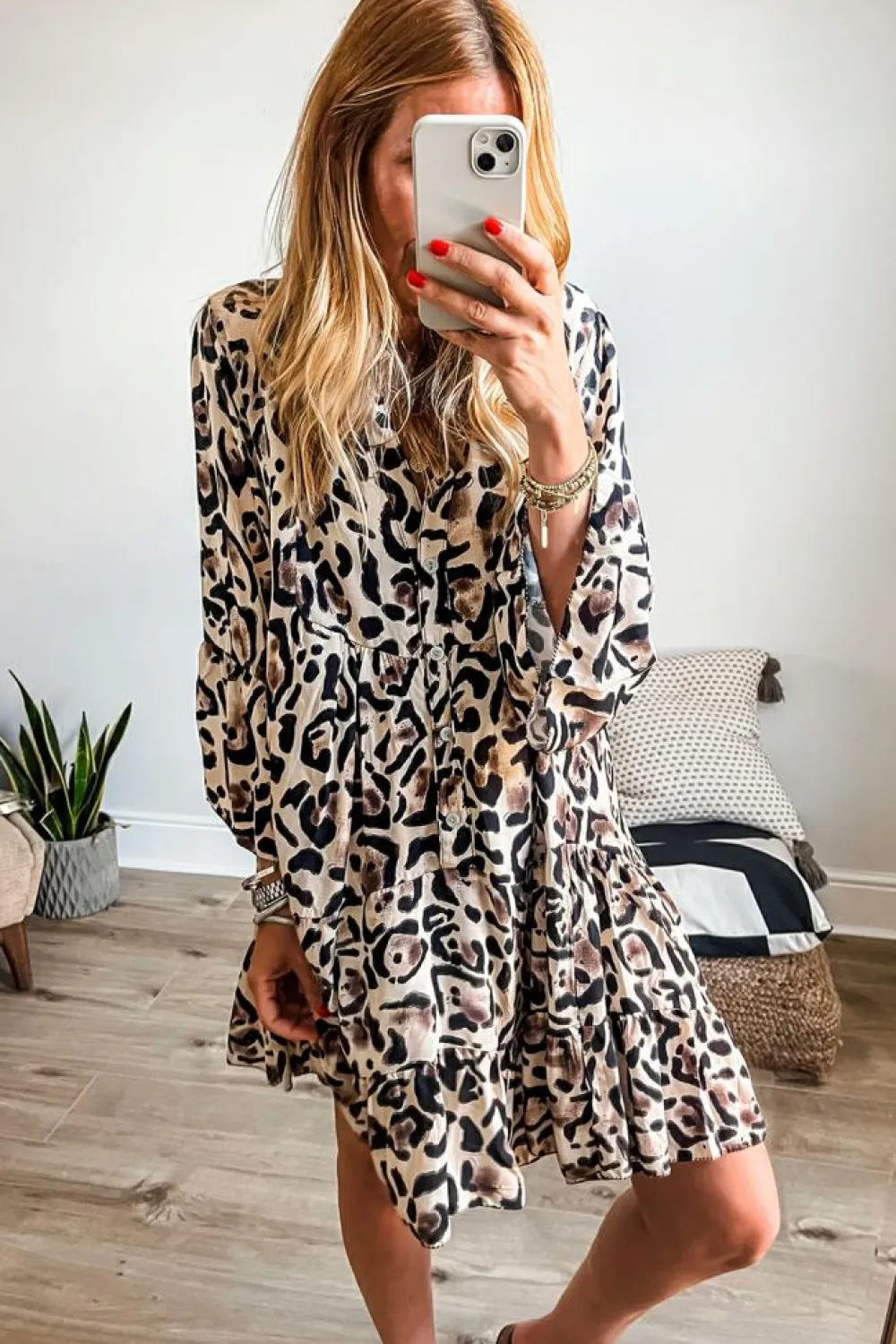 Online Dear-Lover Leopard Print Buttoned Front 3/4 Sleeve Tiered Ruffled Hem Dress Black