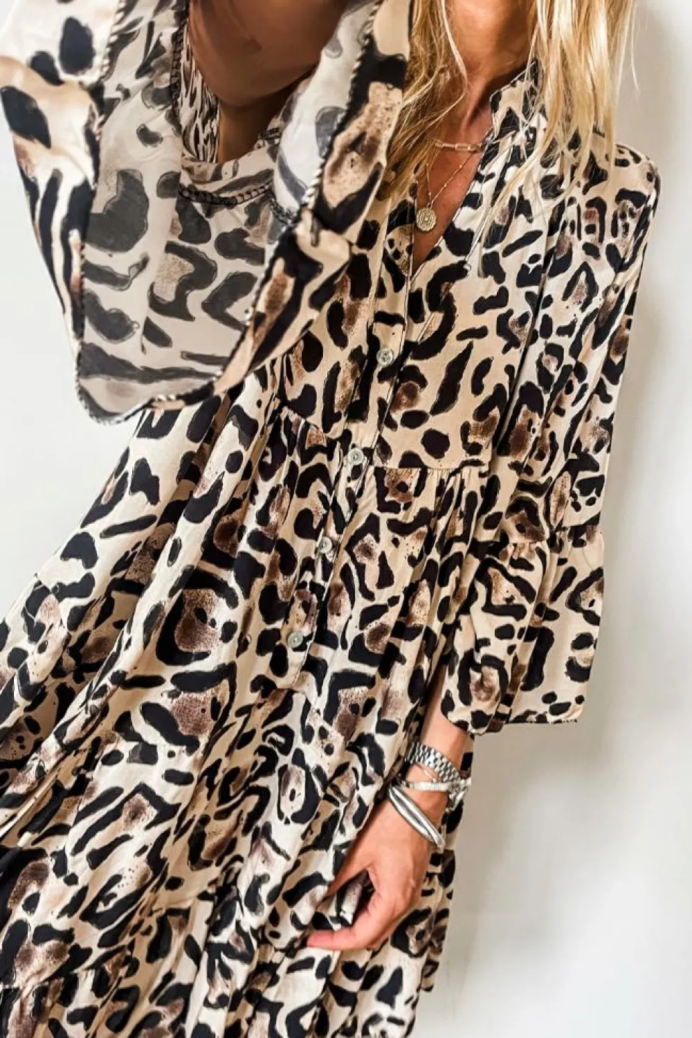 Online Dear-Lover Leopard Print Buttoned Front 3/4 Sleeve Tiered Ruffled Hem Dress Black
