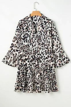 Online Dear-Lover Leopard Print Buttoned Front 3/4 Sleeve Tiered Ruffled Hem Dress Black