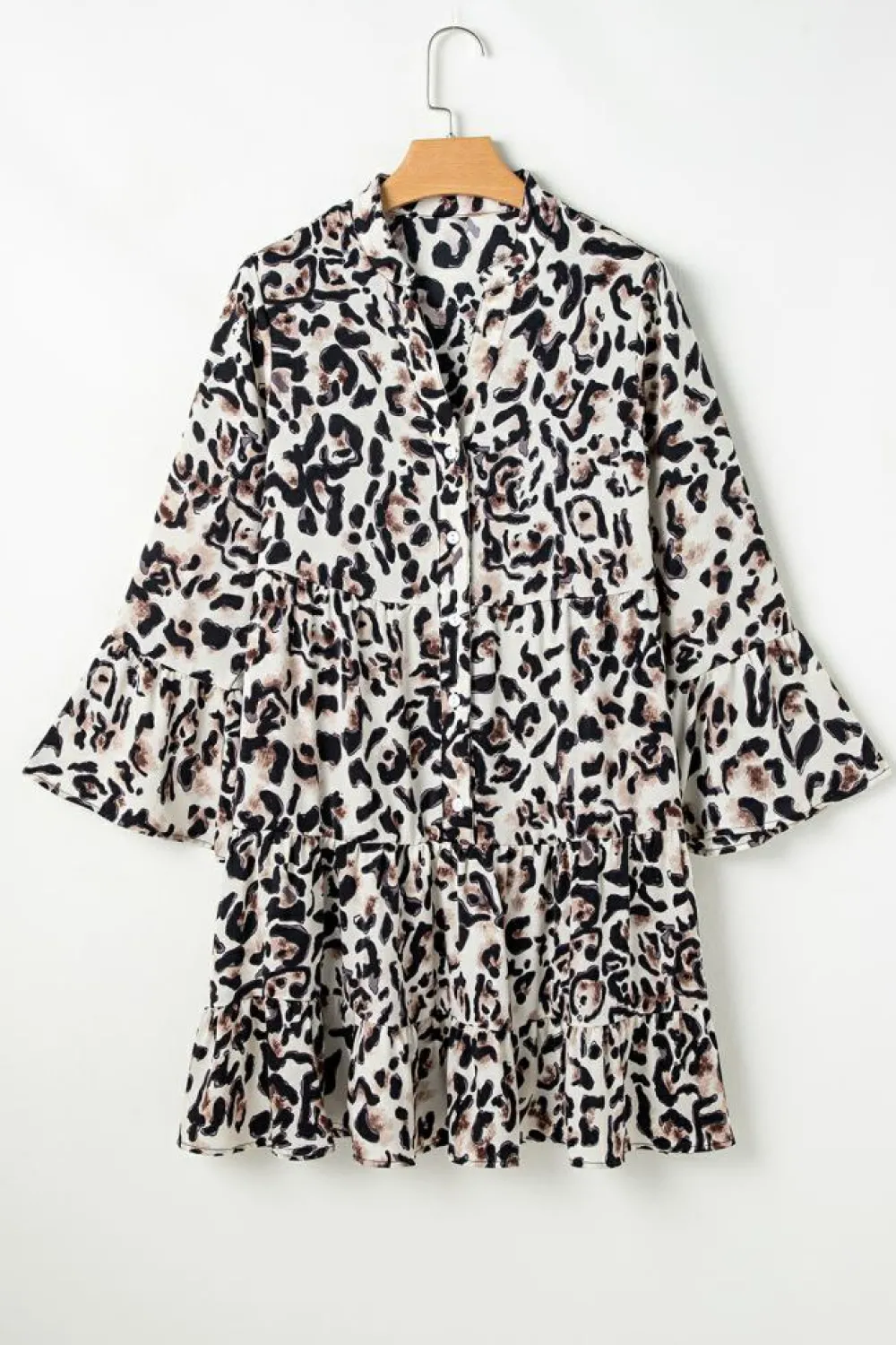 Online Dear-Lover Leopard Print Buttoned Front 3/4 Sleeve Tiered Ruffled Hem Dress Black