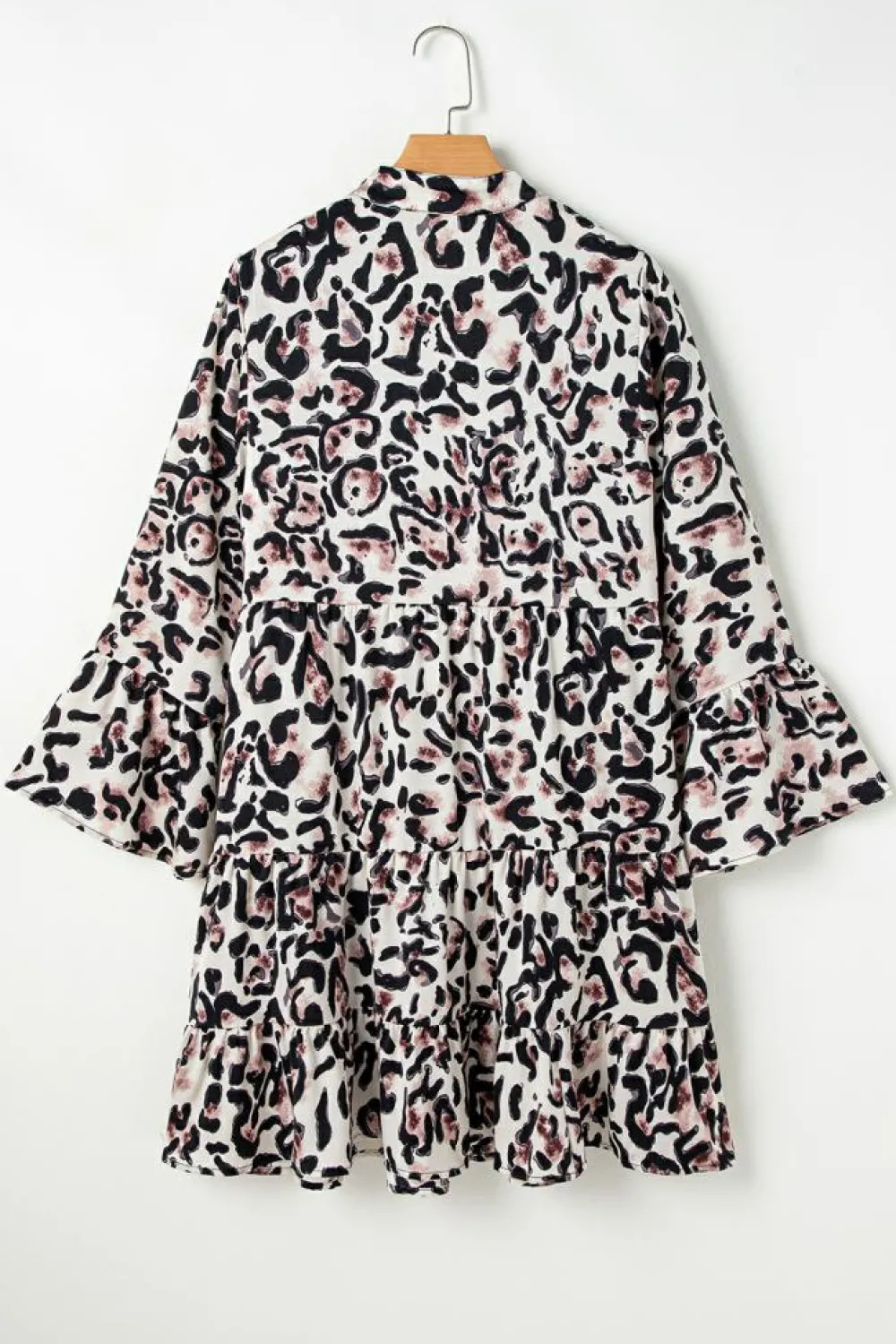 Online Dear-Lover Leopard Print Buttoned Front 3/4 Sleeve Tiered Ruffled Hem Dress Black