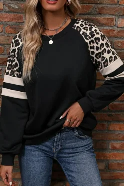 Outlet Dear-Lover Leopard Print Colorblock Raglan Sleeve Sweatshirt Black