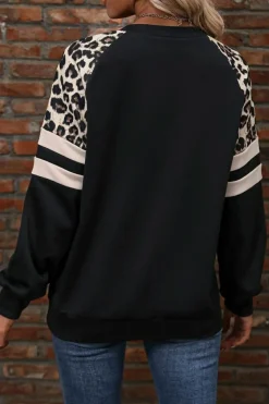 Outlet Dear-Lover Leopard Print Colorblock Raglan Sleeve Sweatshirt Black