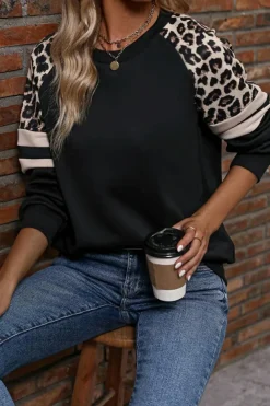 Outlet Dear-Lover Leopard Print Colorblock Raglan Sleeve Sweatshirt Black