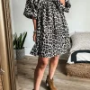 Sale Dear-Lover Leopard Print Elasticated V Neck 3/4 Puff Sleeve Dress Black