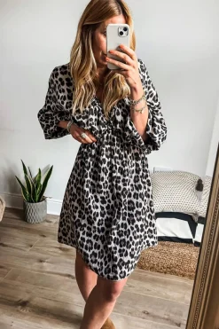 Sale Dear-Lover Leopard Print Elasticated V Neck 3/4 Puff Sleeve Dress Black