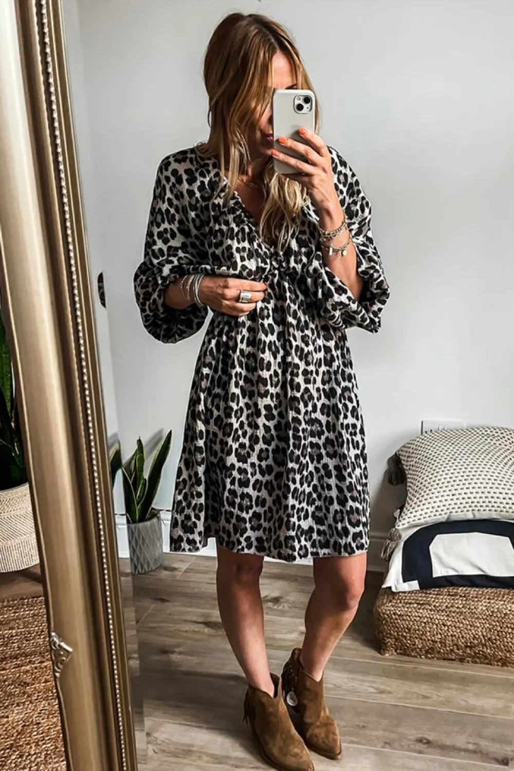 Sale Dear-Lover Leopard Print Elasticated V Neck 3/4 Puff Sleeve Dress Black