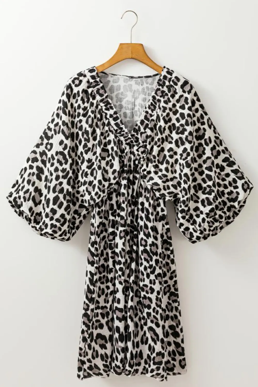 Sale Dear-Lover Leopard Print Elasticated V Neck 3/4 Puff Sleeve Dress Black