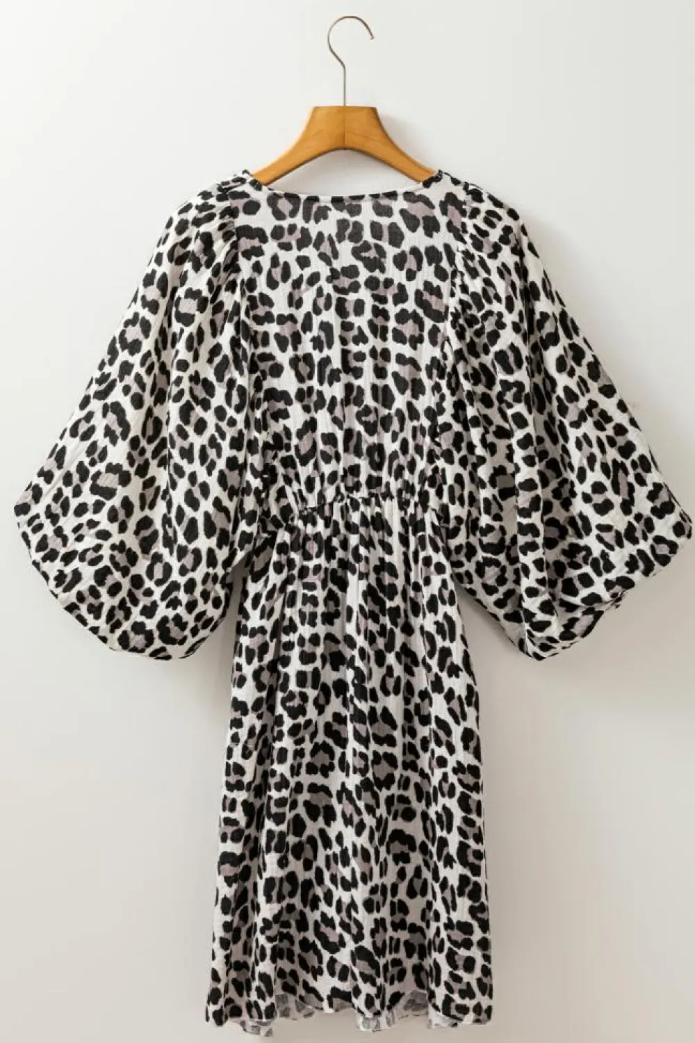 Sale Dear-Lover Leopard Print Elasticated V Neck 3/4 Puff Sleeve Dress Black