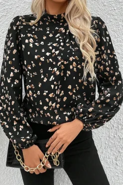 Online Dear-Lover Leopard Print Lantern Sleeve Mock Neck Pleated Blouse Black