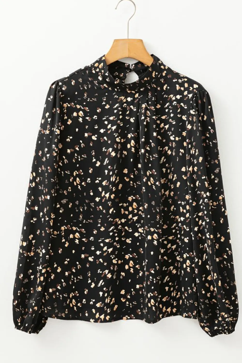 Online Dear-Lover Leopard Print Lantern Sleeve Mock Neck Pleated Blouse Black