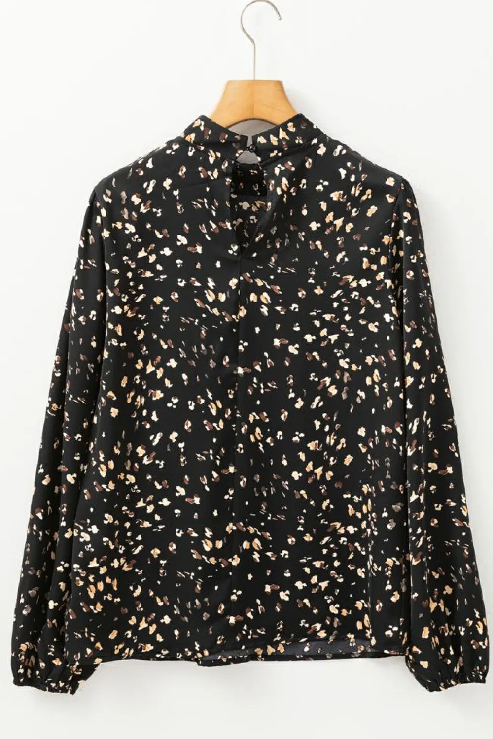 Online Dear-Lover Leopard Print Lantern Sleeve Mock Neck Pleated Blouse Black