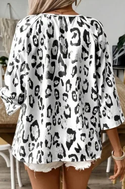 Online Dear-Lover Leopard Print Ruched V Neck 3/4 Sleeve Blouse Black