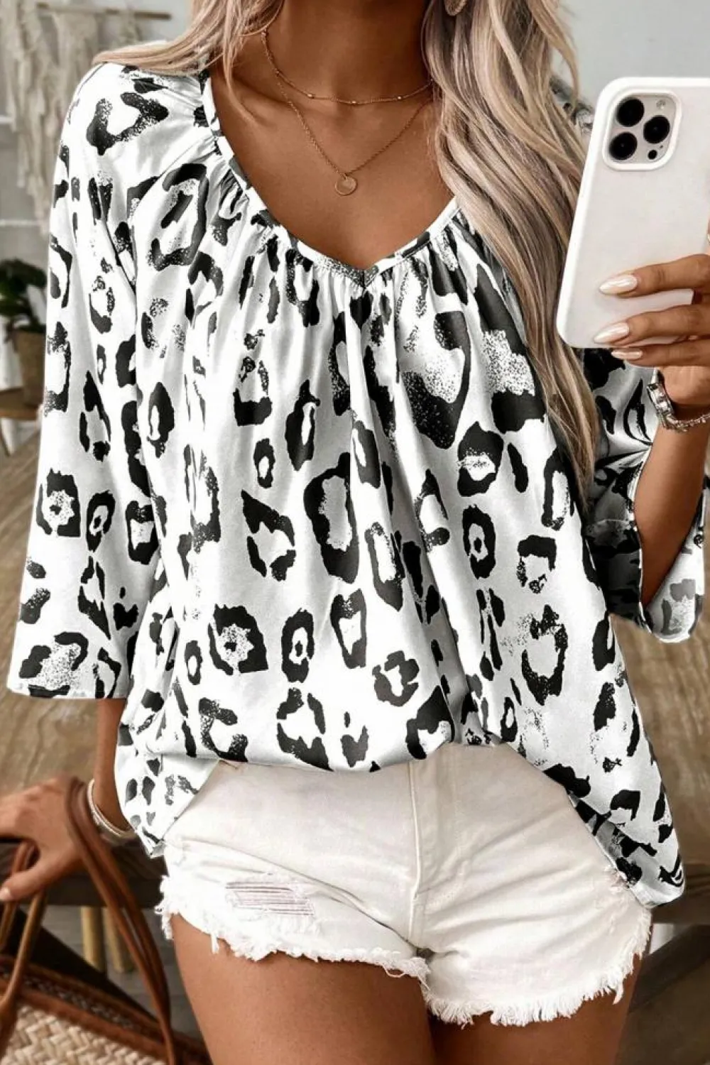 Online Dear-Lover Leopard Print Ruched V Neck 3/4 Sleeve Blouse Black