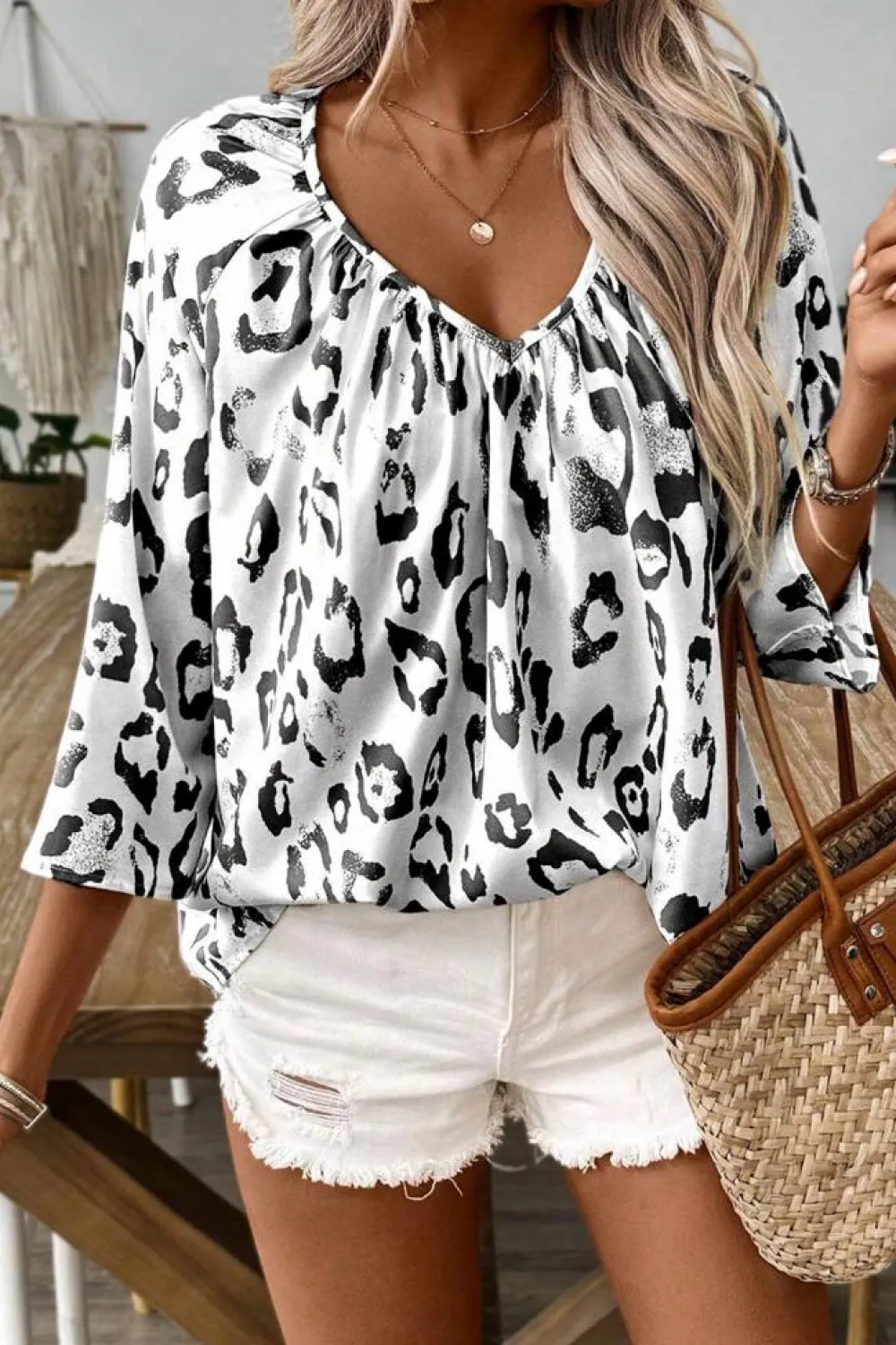 Online Dear-Lover Leopard Print Ruched V Neck 3/4 Sleeve Blouse Black