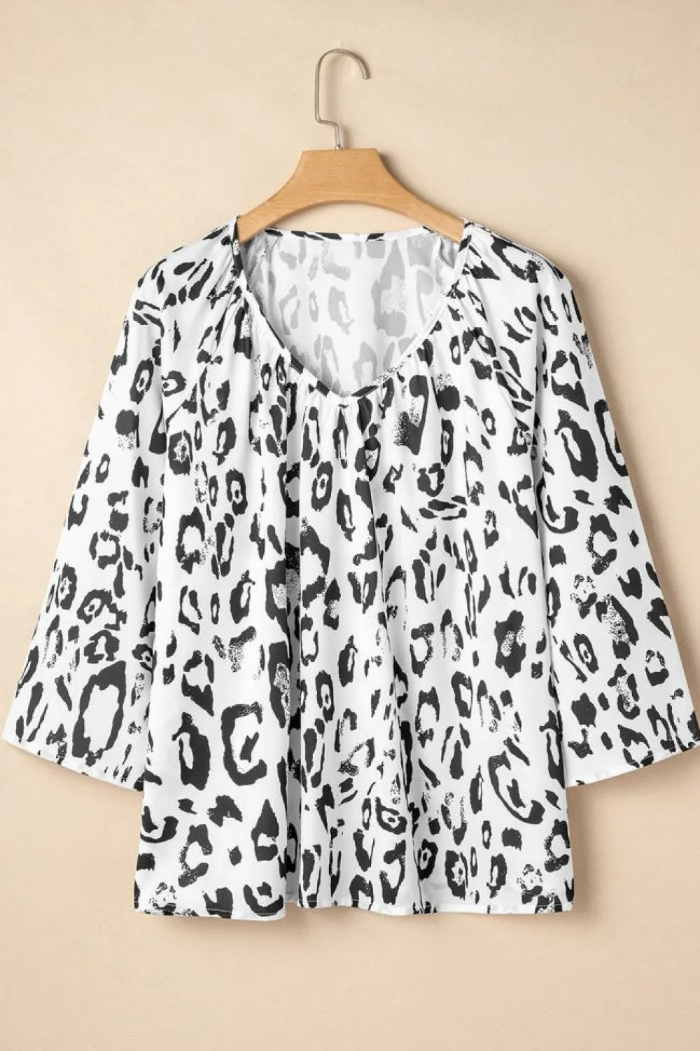 Online Dear-Lover Leopard Print Ruched V Neck 3/4 Sleeve Blouse Black